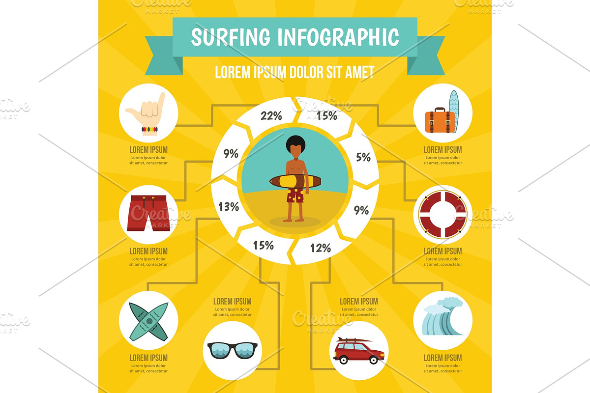 Surfing infographic concept, flat in Illustrations - product preview 8