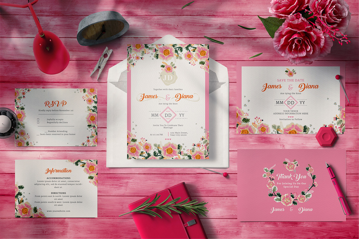 FLOWER WEDDING INVITATION SUITES in Wedding Templates - product preview 8