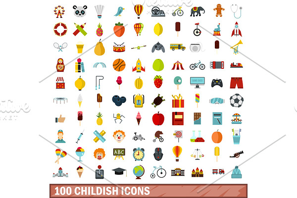 100 childish icons set, flat style