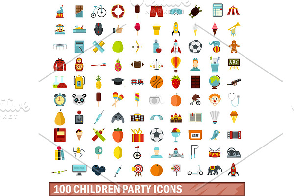 100 children party icons set, flat