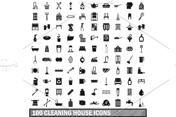 100 cleaning house icons set, simple
