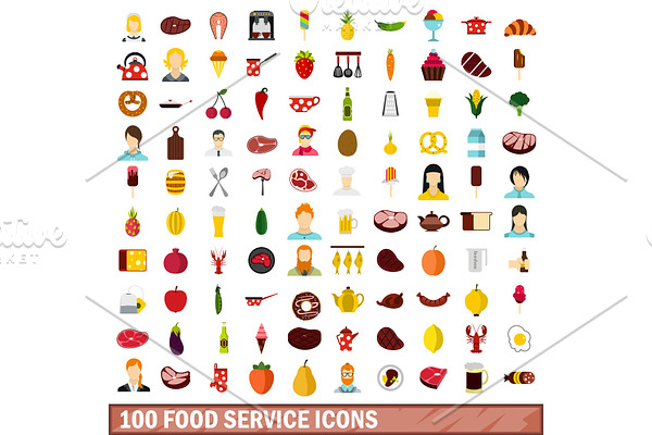 100 food service icons set, flat