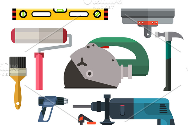 Construction man and building tools
