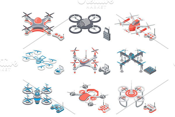 Drone Flying Items Icons Set Vector
