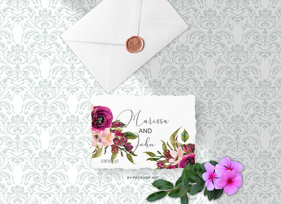 Burgundy & Blush Flowers & Crests in Illustrations - product preview 5