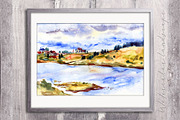 Watercolor river landscape
