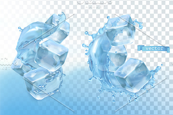 Ice cubes and water splashes, vector