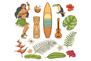 Hawaiian tropical vacation icons set