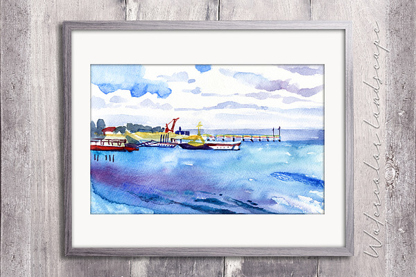 Watercolor landscape with sea pier