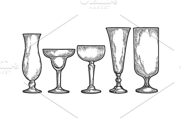 Cocktail glasses set sketch vector