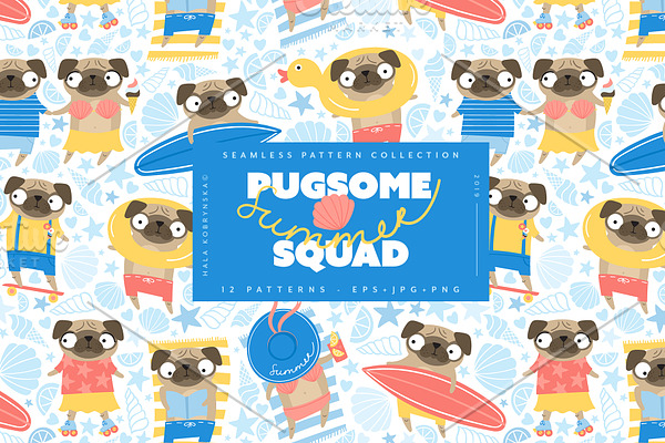 Summer patterns with cute pugs