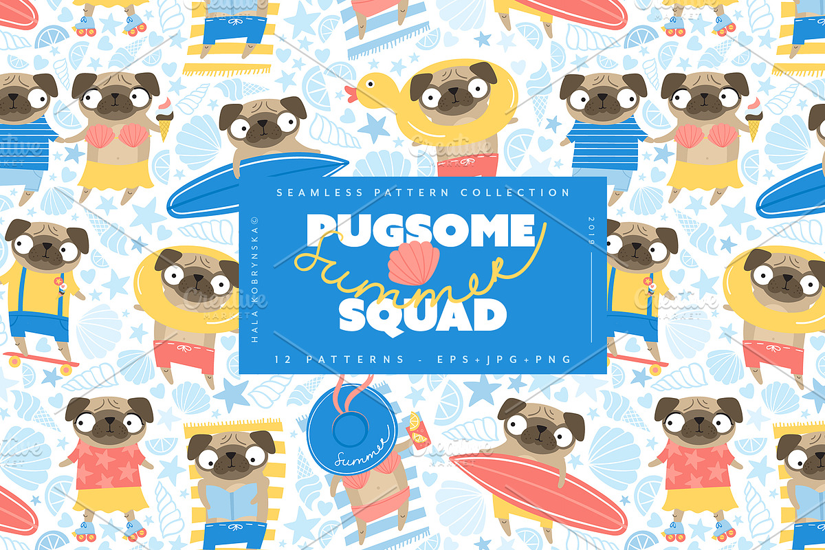 Summer patterns with cute pugs in Patterns - product preview 8