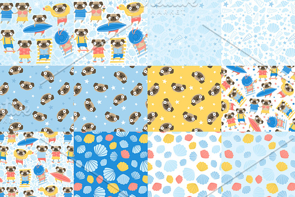 Summer patterns with cute pugs in Patterns - product preview 4
