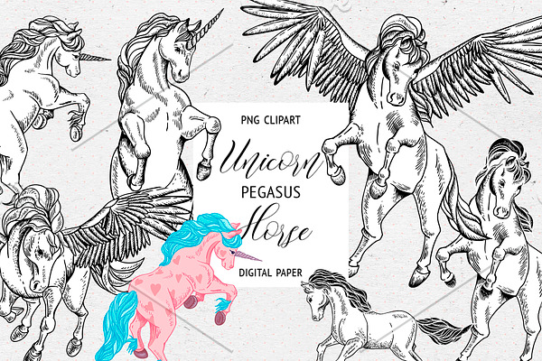 Hand Drawn Unicorn, Horse, Pegasus