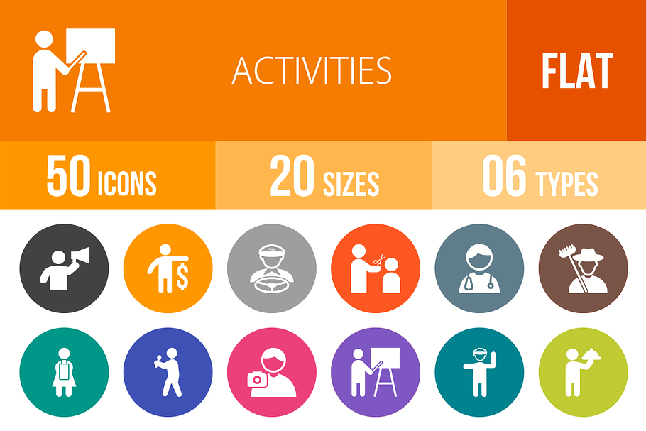 50 Activities Flat Round Icons