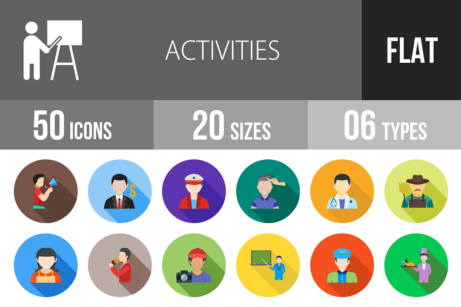 50 Activities Flat Shadowed Icons