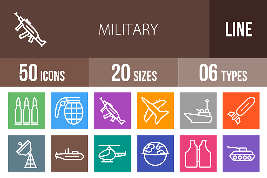 50 Military Line Multicolor Icons in Graphics - product preview 8