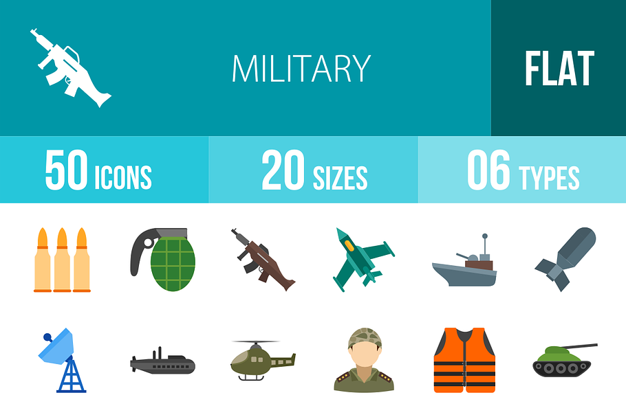 50 Military Flat Multicolor Icons