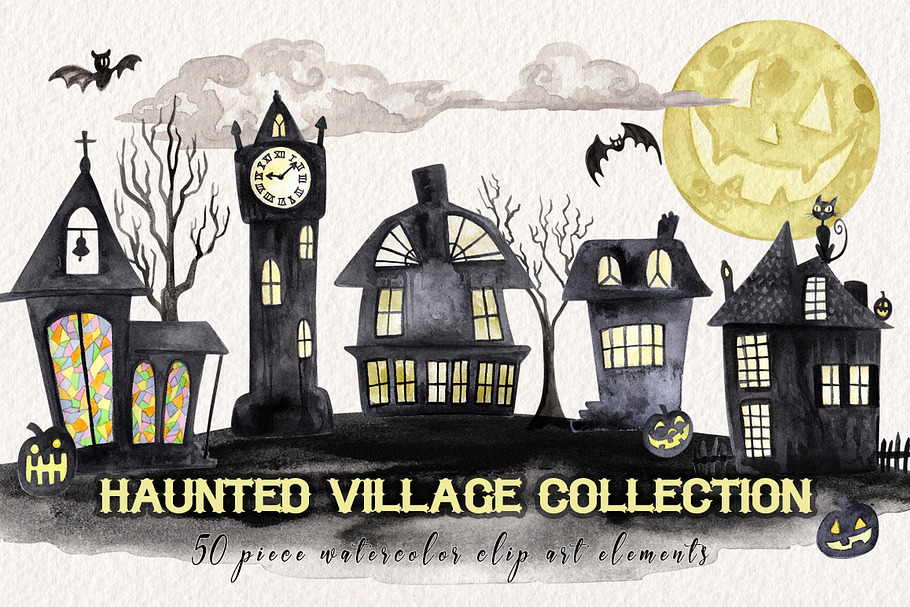 Watercolor Halloween Village Set