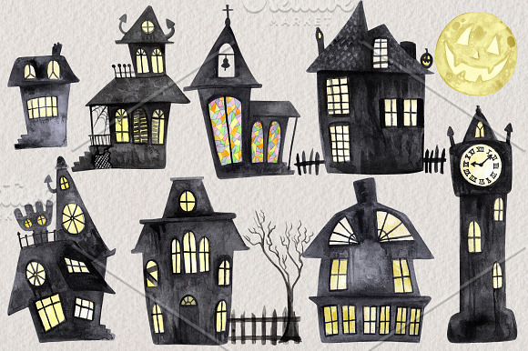 Watercolor Halloween Village Set in Illustrations - product preview 1