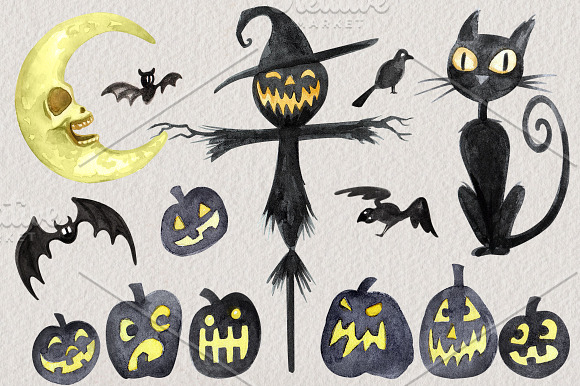 Watercolor Halloween Village Set in Illustrations - product preview 2