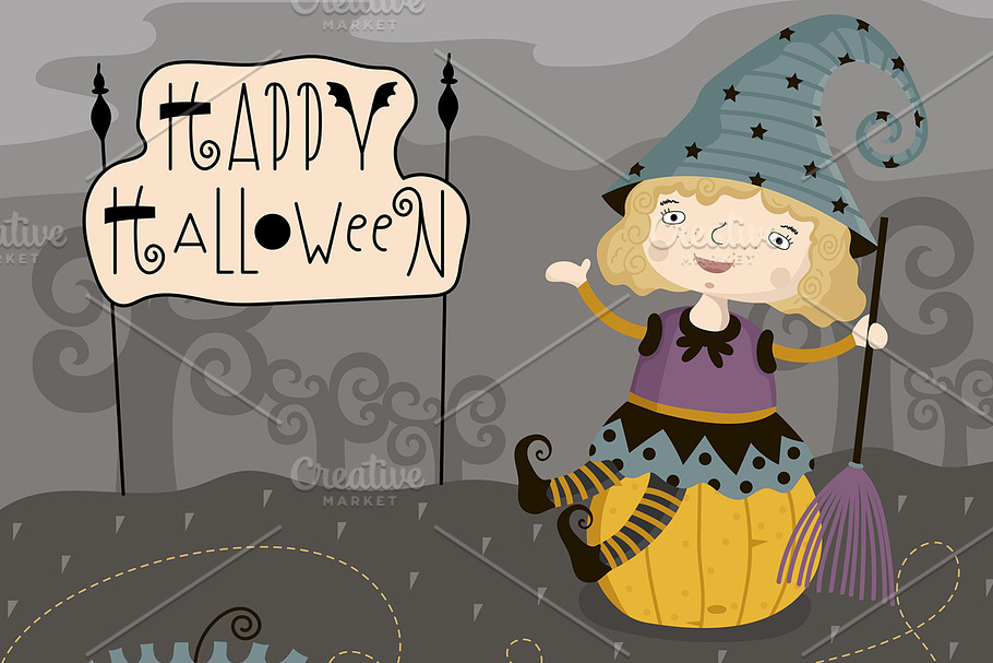 Little girl sits on pumpkin. in Illustrations - product preview 8