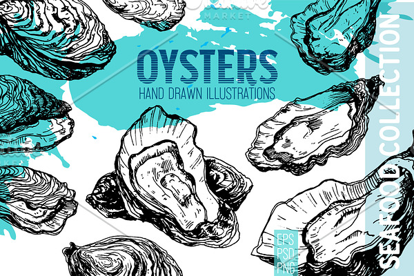 Oysters. Seafood engraving set