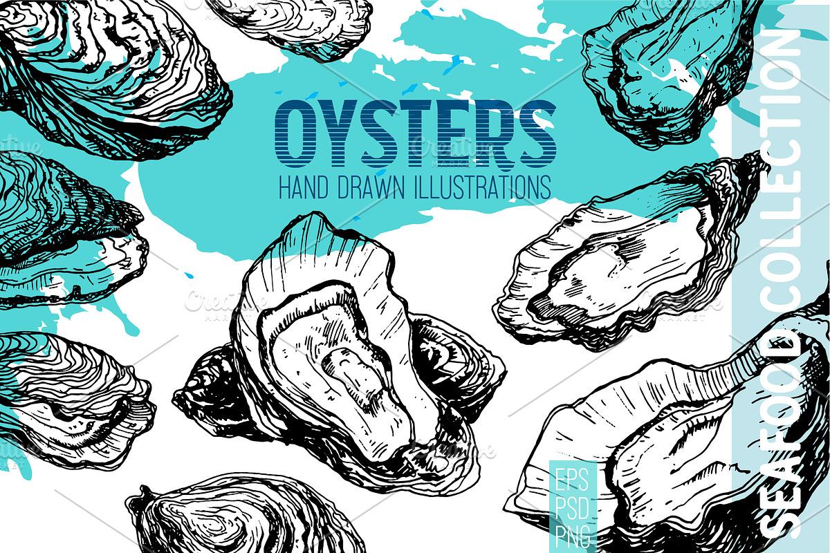 Oysters. Seafood engraving set in Objects - product preview 8