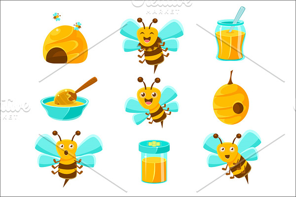 Honey Bees, Beehives And Jars With