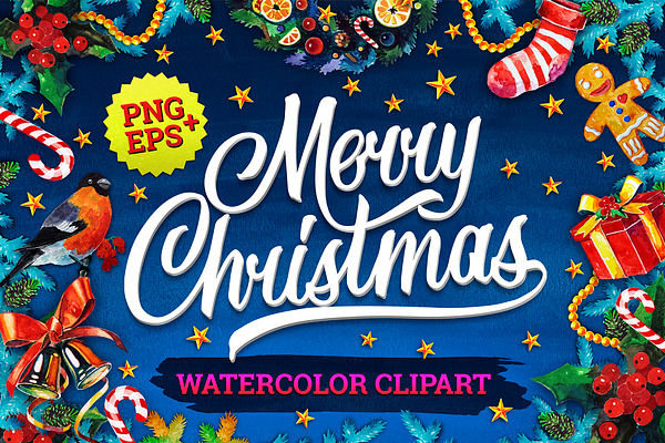 Merry Christmas Watercolor Clipart