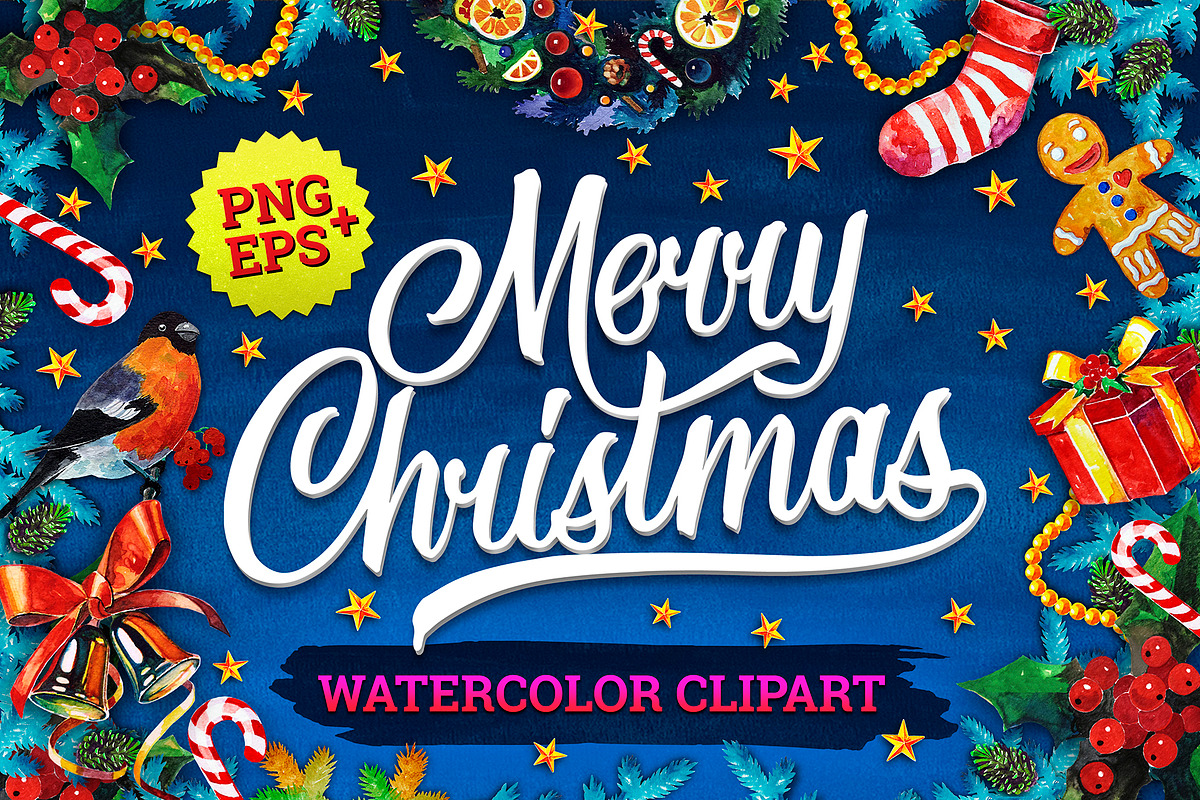 Merry Christmas Watercolor Clipart in Illustrations - product preview 8