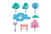 Trees and Bench Icons Set Vector