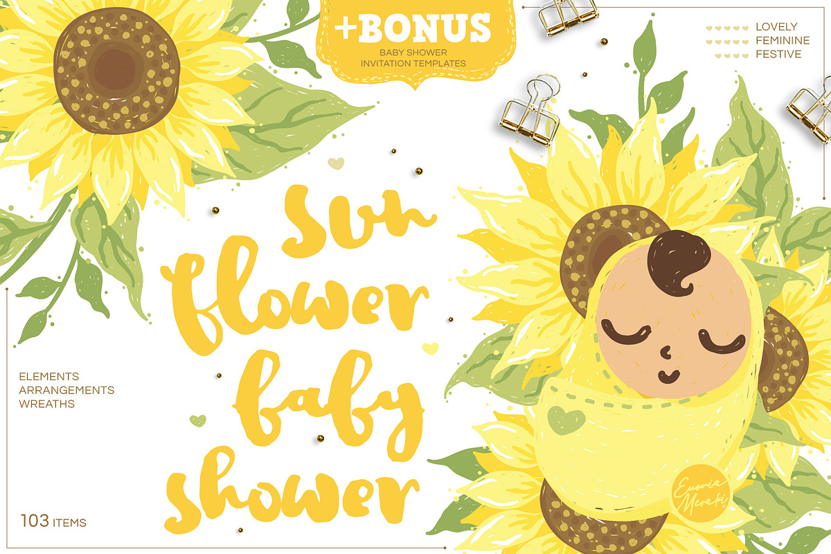 Sunflower Baby Shower + Invitation in Illustrations - product preview 8
