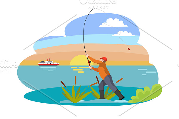 Fisherman with Fishing Rod Vector