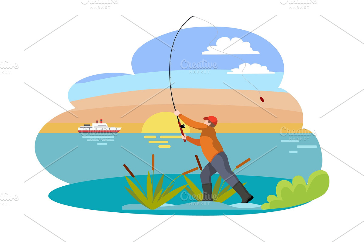 Fisherman with Fishing Rod Vector in Illustrations - product preview 8