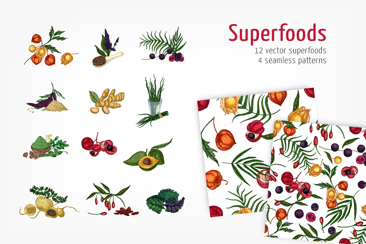 Superfood set and seamless in Illustrations - product preview 8