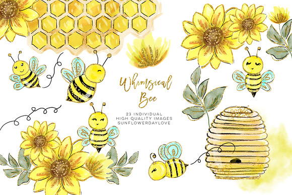 Watercolor bee clip art in Illustrations - product preview 3