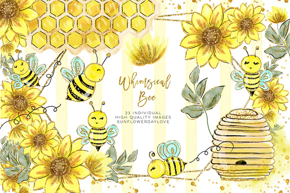 Watercolor bee clip art in Illustrations - product preview 4