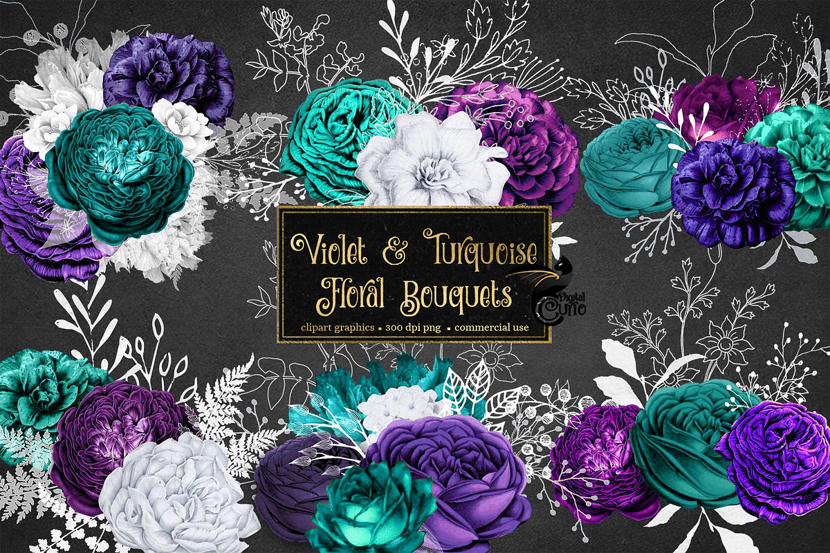 Violet & Turquoise Floral Bouquets in Illustrations - product preview 8
