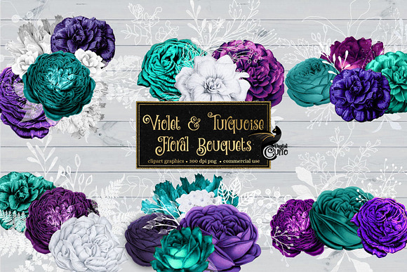 Violet & Turquoise Floral Bouquets in Illustrations - product preview 1