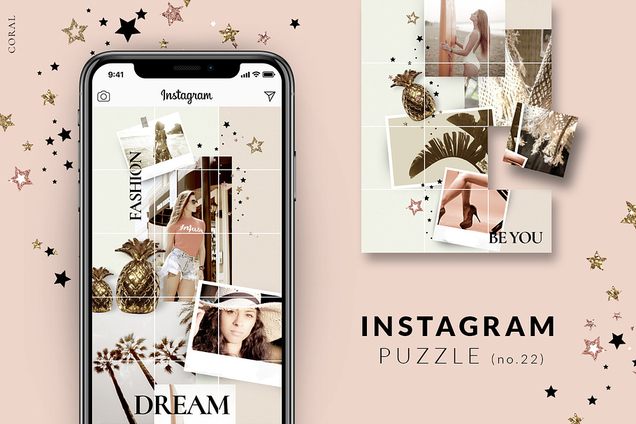 Instagram PUZZLE template - Coral in Instagram Templates - product preview 8
