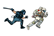 astronaut and riot police with a