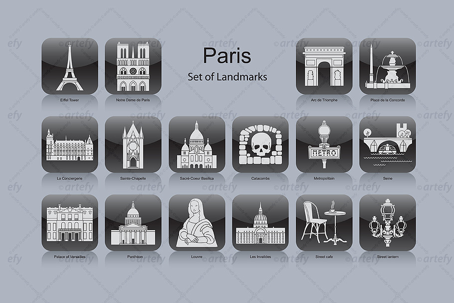 Paris landmark icons (16x)
