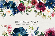 Bordo & Navy Watercolor Flowers PNG