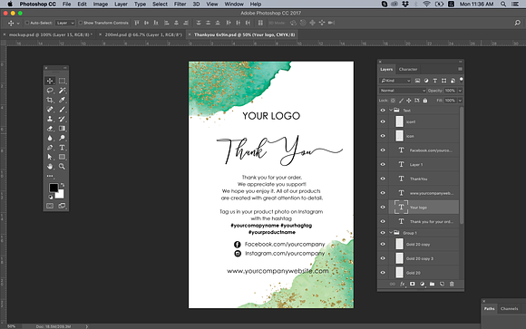Aqua and gold thank you card id04 in Card Templates - product preview 2