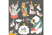 Fall set with cute forest animals in