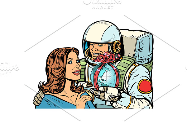 Couple in love. Astronaut gives a