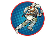 astronaut runs forward round emblem