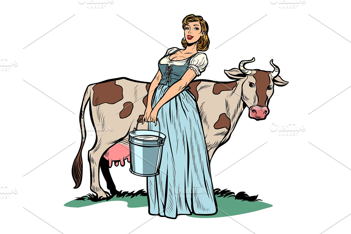 a woman milker cow bucket milk in Illustrations - product preview 8