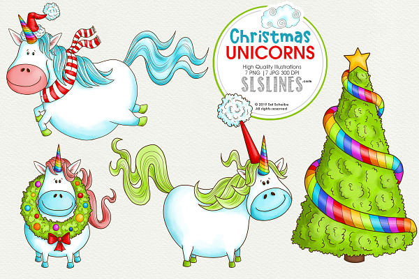 Christmas Unicorns with Cloud & Tree